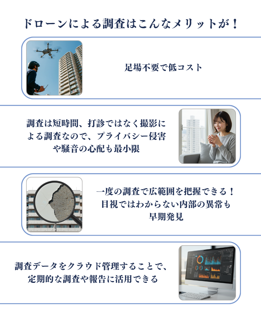 足場不要で低コスト、騒音など住民負担も最小限、劣化箇所の早期発見、撮影データの利活用